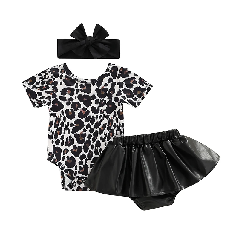 

Baby Girls 3PCS Summer Romper Suit, Short Sleeve Leopard Crew Snap Romper, Plain Short Skirt Pants, Headband