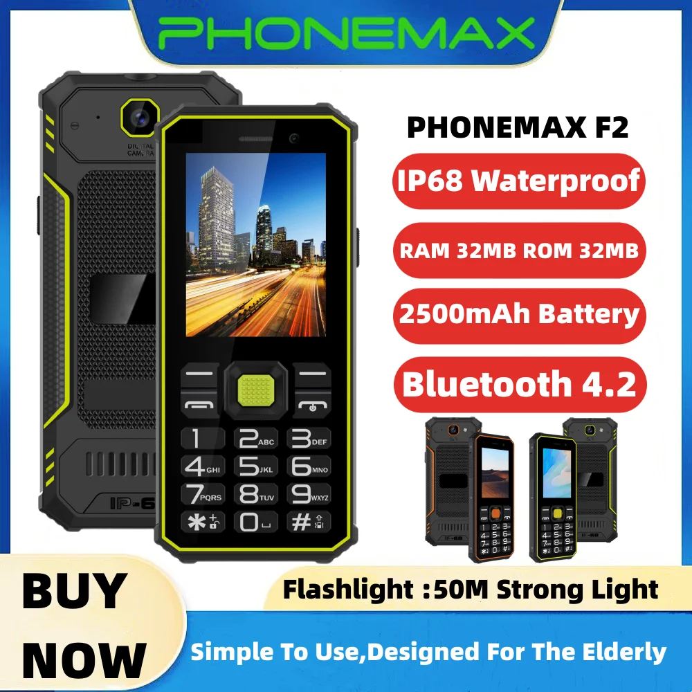 

Rugged Mobile Phone PHONEMAX F2 GSM 2G IP68 Waterproof 2500mAh Bluetooth 4.2 Strong Flashlight Shockproof Cellphone For Elderly