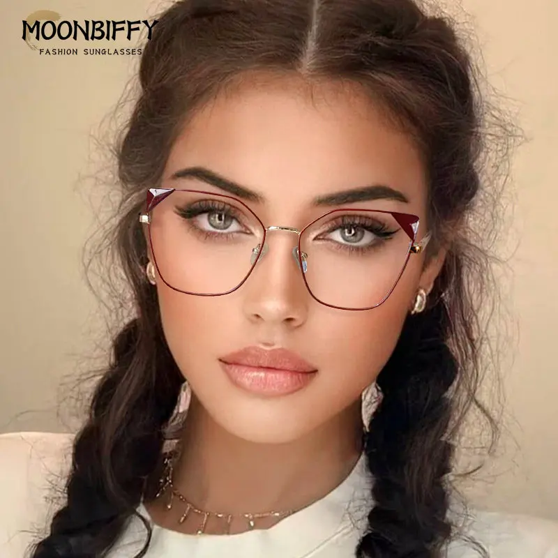 

Women Anti Blue Light Eyeglasses Frame Brand Designer Female Fashion Eyewear Optical Cat Eye Alloy Flat Light Mirror Glasses