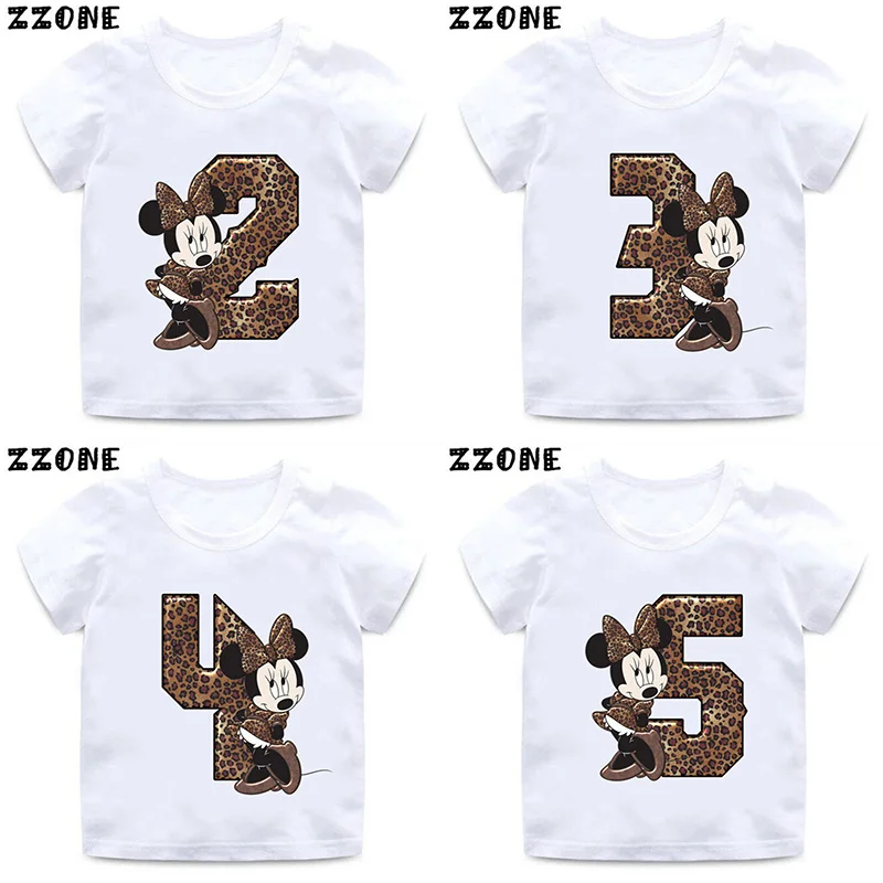 

Disney Leopard Minnie Print Birthday Number Bow Kids T shirt 1 2 3 4 5 6 7 8 9 Years Girls Party Clothes Cute Baby Boys T-Shirts