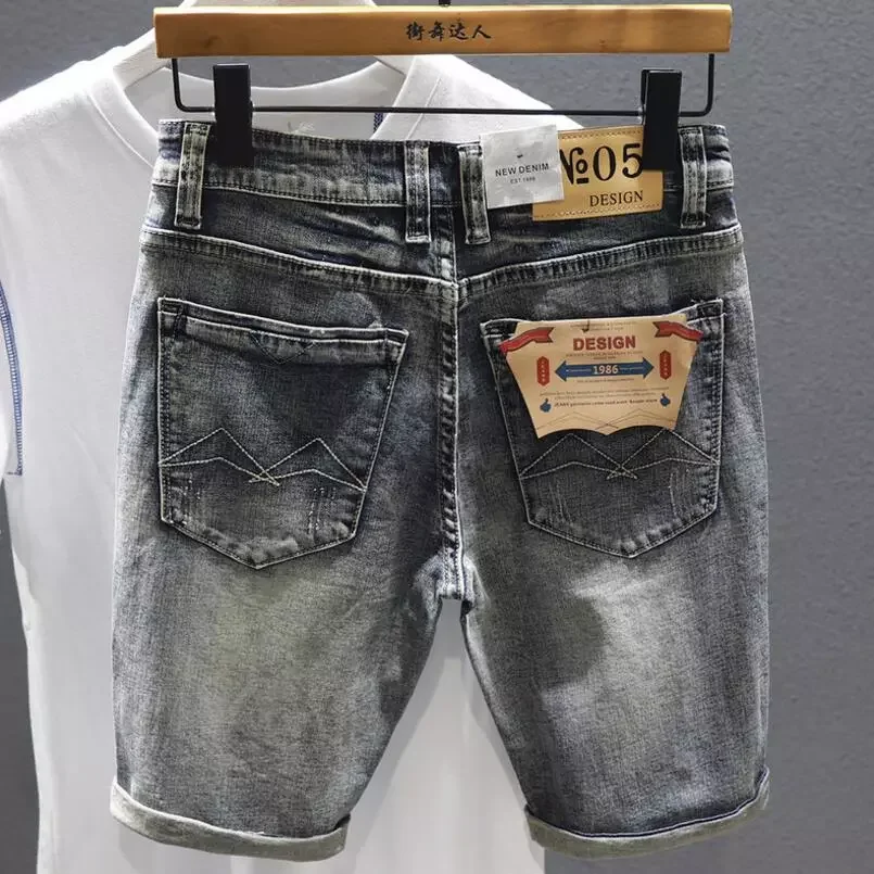 New2022 Gray Denim Shorts Holes Jeans Elastic Casual Shorts High Quality Male Stretch Cotton Denim Jeans Shorts Knee Length Jean