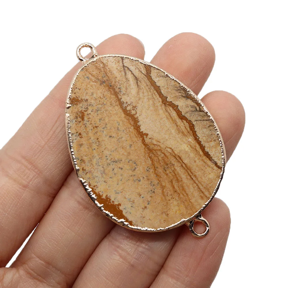 

Exquisite Natural Stone Drawing Stone Pendant 35x45mm Double Hole Connector Charm Jewelry DIY Necklace Earring Accessories