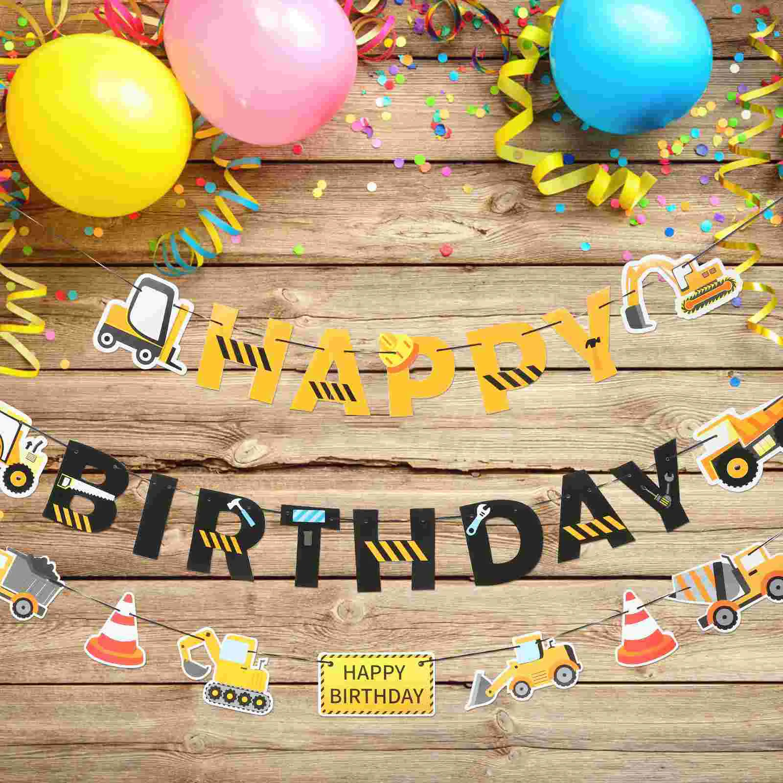 2pcs Kids Birthday Party Vehicle Theme Party Banner Birthday Sign Banner Party Photo Props Construction Themed Birthday Party
