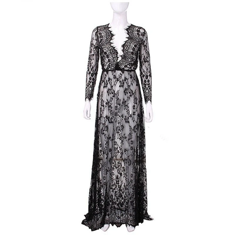 

Ladies Long Gowns Black Lace See Though Deep V Ropa Sexy Para El Sexo Lingerie Porno Night Dress Nightgown Sleep Wear