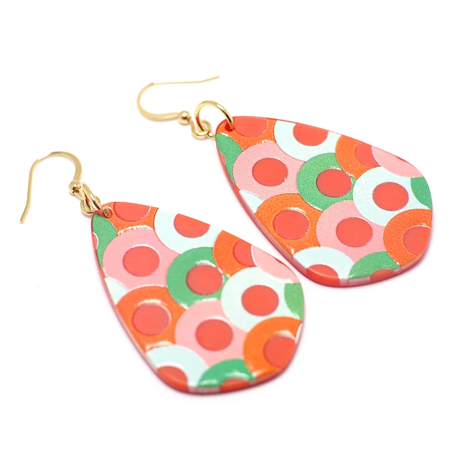 

Acetate Charms Earring,Gold Color Plated Brass Hoop,Oval Red Dot Dangle Earrings 60mm