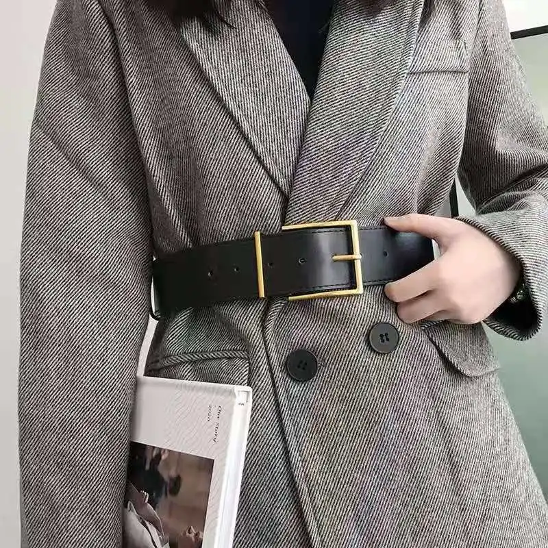 

Women's Fashion Black Wide Belt Square Pin Buckle Imitation leather Waist Strap Decorative Coat Dress Simple Dress Waistband