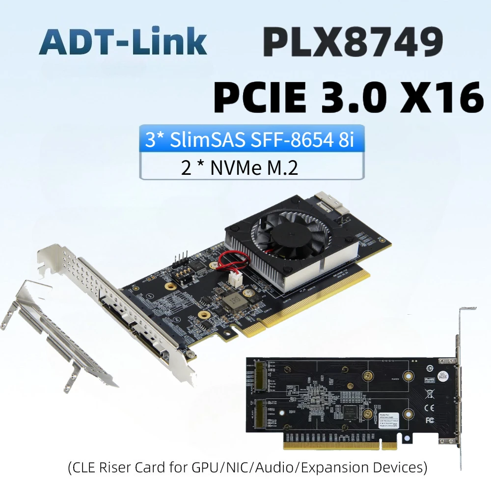 Фото Плата расширения PCIe 3.0 без разветвителя PLX8749, 2 x NVMe M.2 SSD, 3-портовый SlimSAS SFF-8654 8i, PCIe 8x NVMe SSD U.2, сетевой адаптер, графические процессоры, жесткие диски. №2