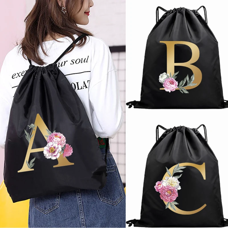 Alphabet Flower Print Portable Sports Bag Thicken Drawstring Belt Riding Backpack Gym Drawstring Shoes Bag Clothes Backpacks