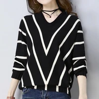 autumn winter new bat shirt womens short section 2021 fashionable v neck loose korean stripe shirt tide v neck vintage