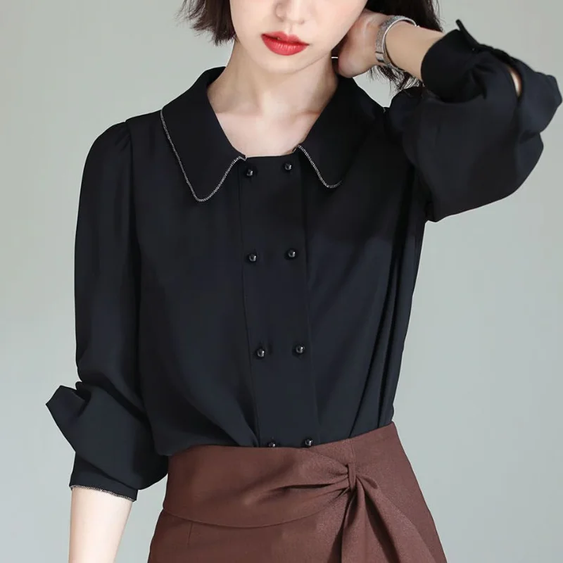 Long-Sleeved New Chiffon Shirt Mujer Korean Style Spring and Autumn Loose Top Blusas Mujer Spring Simple Black Shirt Women