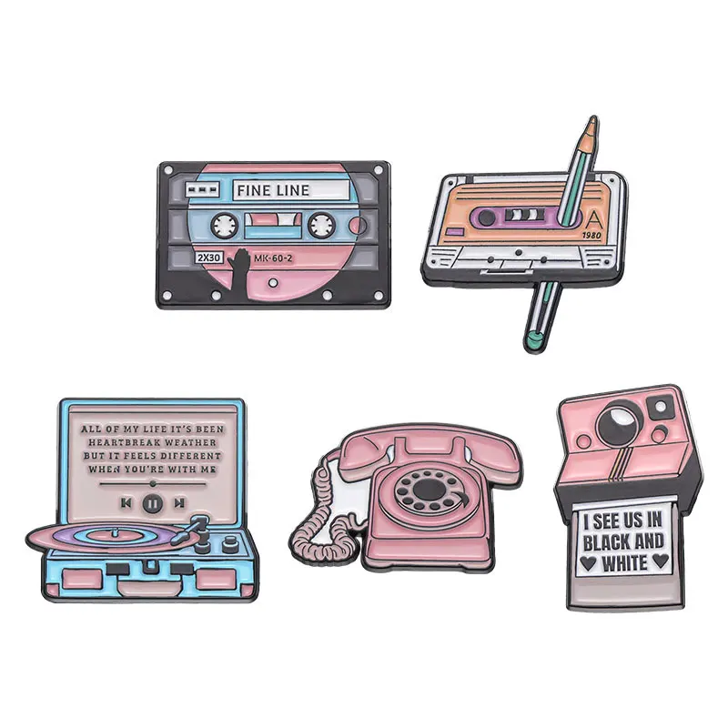 Electronics Alloy Brooch Cartoon Pink Camera Phone Tape Backpack Enamel Lapel Pins Badge Accessory Jewelry Gift to friends
