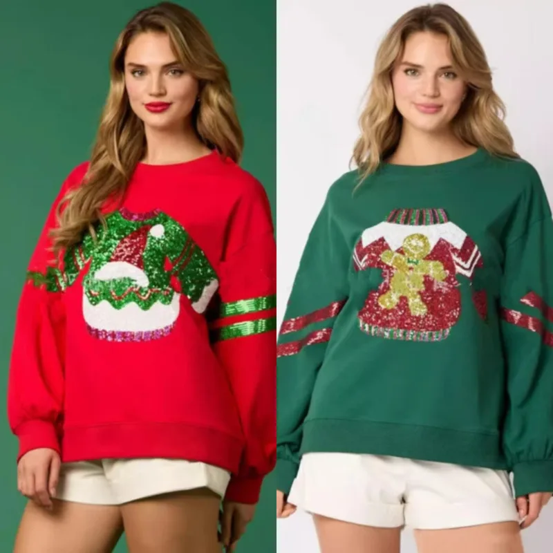 Рождественский топ с вышивкой блестками женский на осень-зиму Европейская