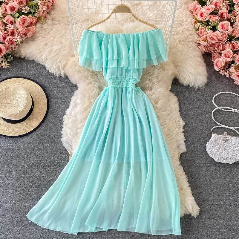 

Women Chiffon Long Dress Casual Sleeveless High Waist Vestidos Vacation Beach Maxi Dress
