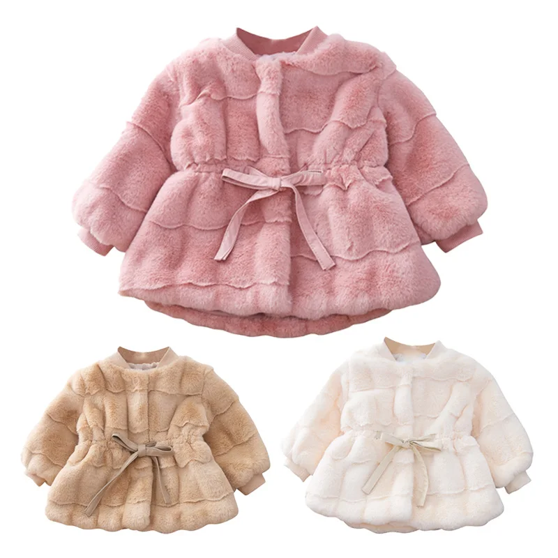 

Baby Girl Clothes Autumn Winter Faux Fur Coat Thicken Fleece Infant Tops Sweet Bows Kids Clothing Korean Cotton Outfit