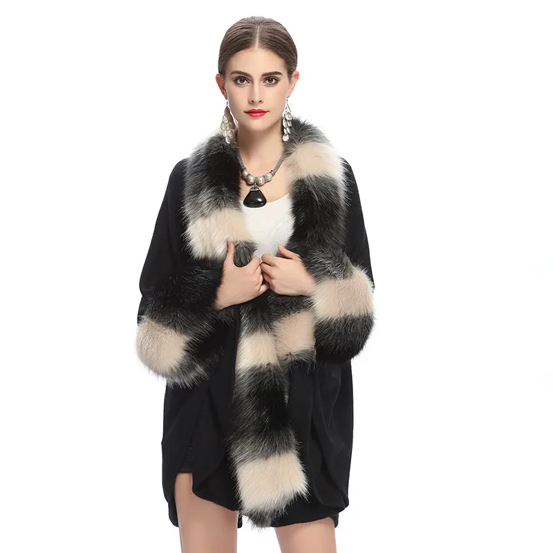 Autumn and winter oversize loose bicolor fox like wool collar knitted cardigan shawl coat