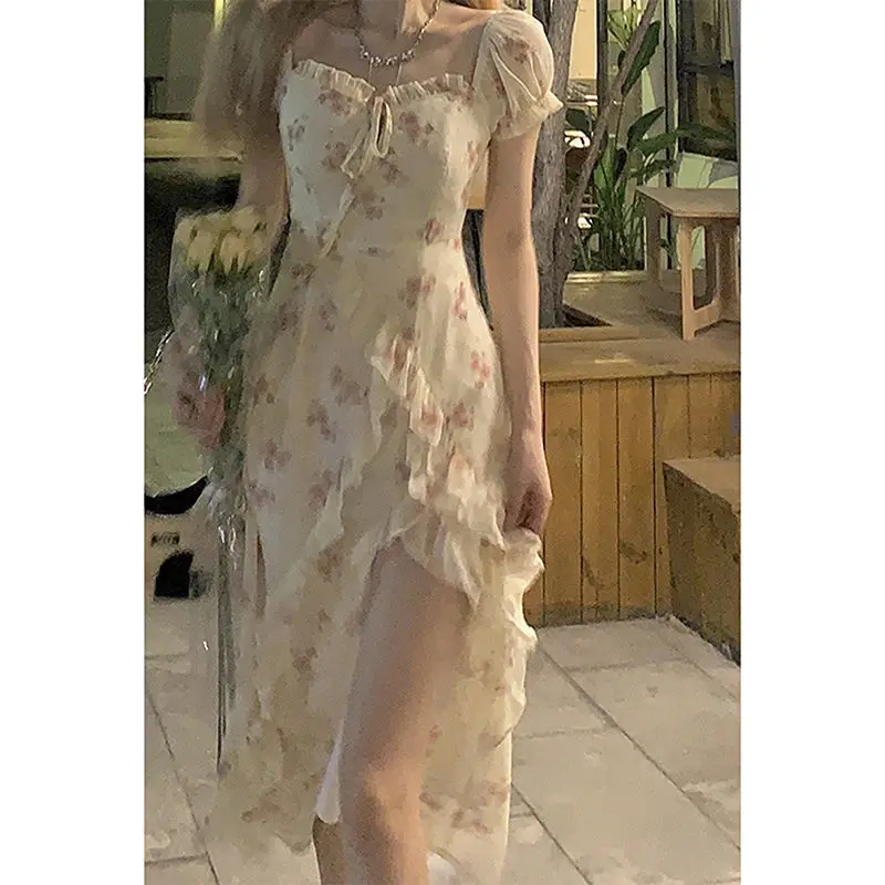 Summer Floral Shoulder Puff Sleeve Maxi Dress For Woman Robe Sexy Lace Up Side Split Chic Mid-Calf Aesthetic DressT99