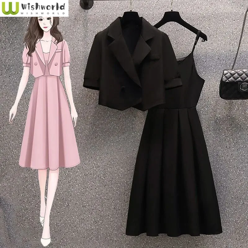 2023 Summer Korean Style Short Sleeve Slim Fit Jacket Blazer Strap Dress Two Piece Elegant Women's Party Dress Office Outfits