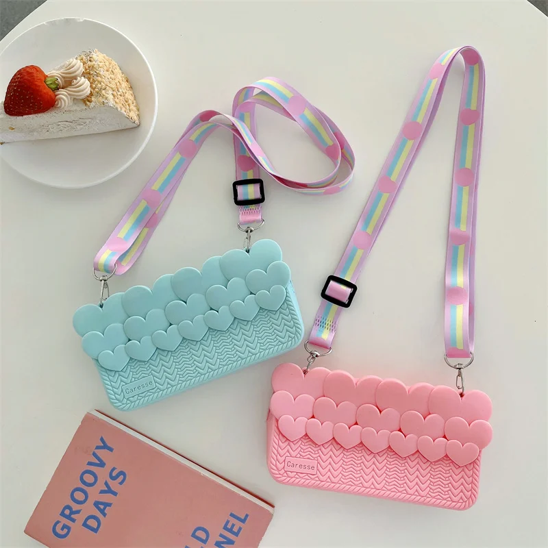 

Cute Colorful Love Heart Knit Silicone Change Purse Crossbody Bag Length 18.4 Width 4.6 Height 9.6 Scratchproof Shockproof Bag