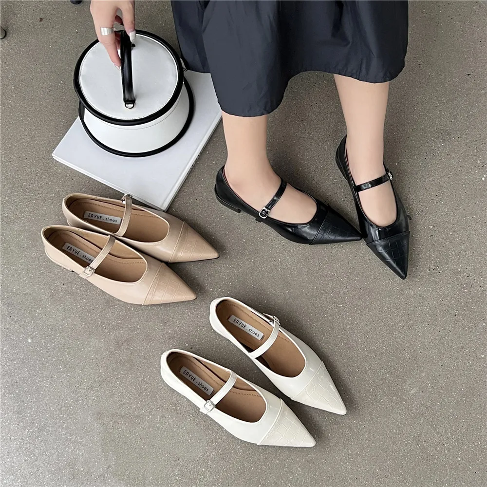 2023 Casual Woman Flats Slip On Ballet Loafers Pointed Toe Shallow Mouth Footwear Retro Fall Dress Shoes Buckle Strap Flats