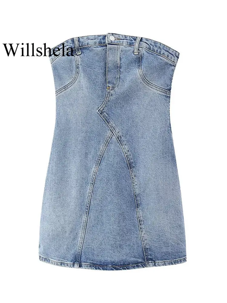 

Willshela женское модное голубое платье на молнии с открытой спиной, винтажное мини-платье без бретелек с вырезом лодочкой, женские шикарные пла...
