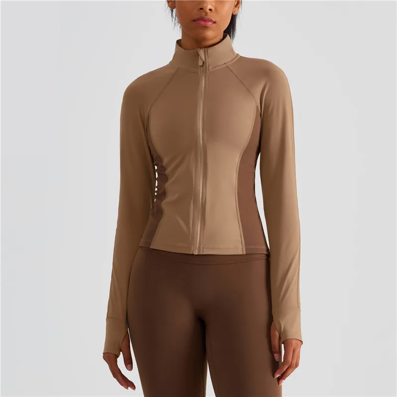 Solid Color Tights High Neck Stitching Fitness Women Sport Jacket Top Comprehensive Training Zipper Long Sleeve Yoga Coat Wear