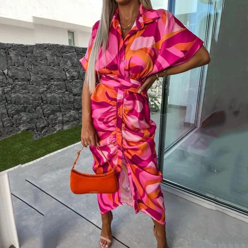 

Chic Lady Lapel Slim Long Dress Elegant Print Women Folds Party Dress 2023 Commute Short Sleeve Single Breasted Shirt Dresses
