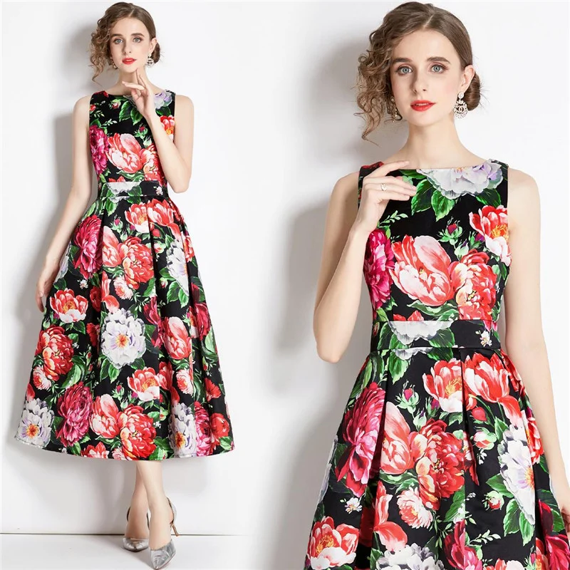 

Платье женское летнее с круглым вырезом, элегантное модное приталенное с цветочным принтом, с драпировкой качели, в западном стиле, розового цвета