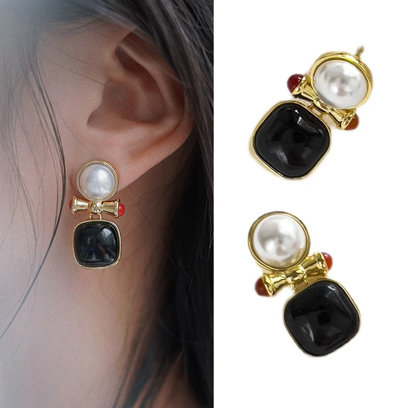 

Top Quality S925 Silver Post Cross Knot Style Pearl Earrings With Black Pendant Vintage Earrings For Women Fashion Jewelry