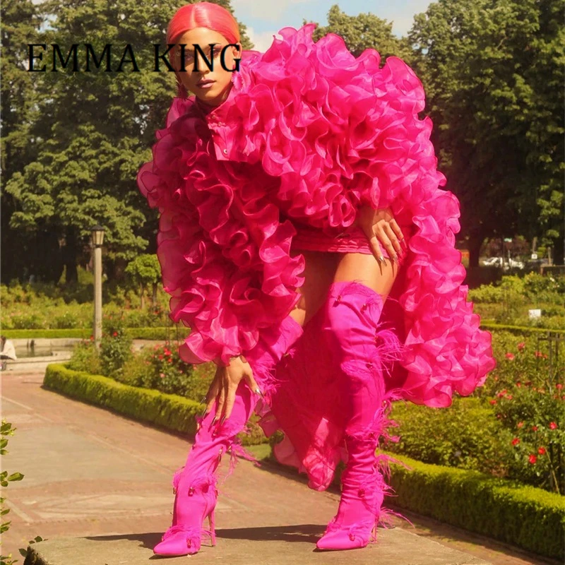 Женские розовые ботинки с украшением из перьев пикантные до бедра на шпильке