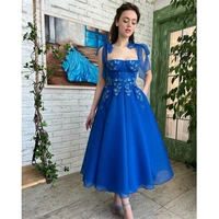 a line blue prom dresses with pockets chiffon straps embroidery butterfly evening dress tea length party cocktail gowns