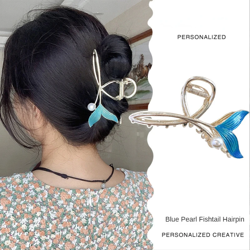 

Fashion Blue Fishtail Pearl Hair Clips Back Head Shark Grab Clip Holiday Gifts Vintage Tiara Jewelry For Women Hair Accessories