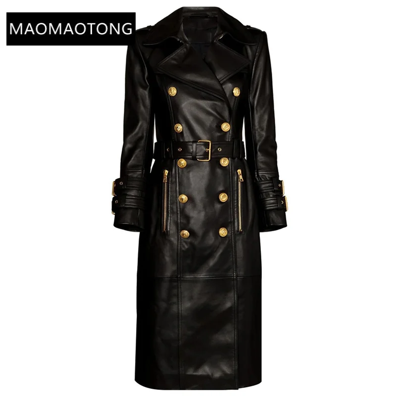 

2022 Luxury Designer Runway Elegant Double Breasted Black PU Leather Long Coats for Ladies Quality Street Women Trench with Belt
