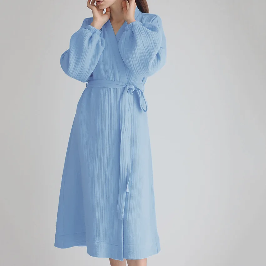 BKQU Solid Color Sleepwear Women's Pajams Puff Sleeves Bathrobe Female Nightwear Cotton Robes Home Wear Autumn Loungewear 2023