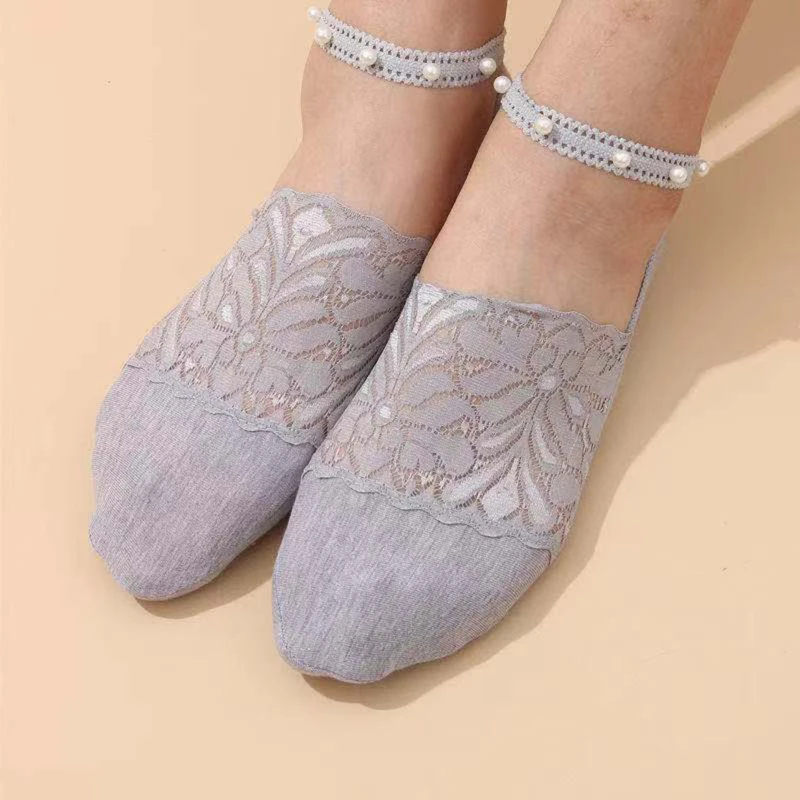 

New Pearl Lace Socks Thin Women Socks Lace Cotton Boat Sock Summer Anti-Slip Ankle Socks Breathable Sweet Sexy Invisible Sock