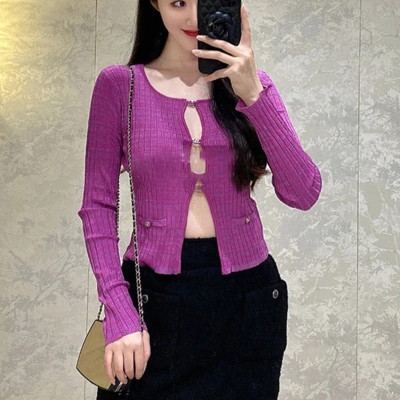 

Brand New Cutout Top Purple Slim Sweater Luxury Design Rhinestone Button Cardigan Sexy Long Sleeve Coat Women Tops