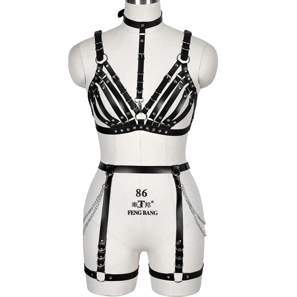 Leather Goth Silver Chain Clothing Sexy Lingerie Body Harness Set Underwear Adjustable Top Harness For Women Cage Bra Strap