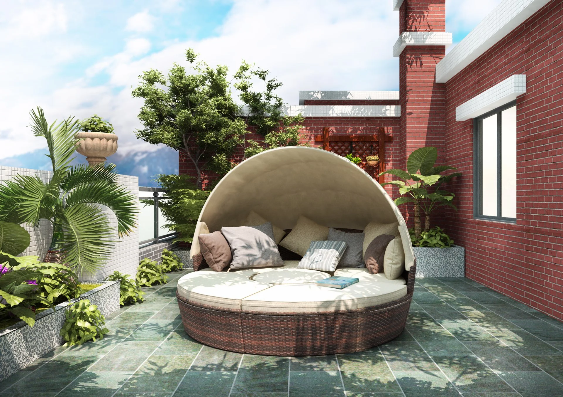 

Patio Furniture Round Outdoor Sectional Sofa Set Rattan Daybed Sunbed With Retractable Canopy Garden Sofas