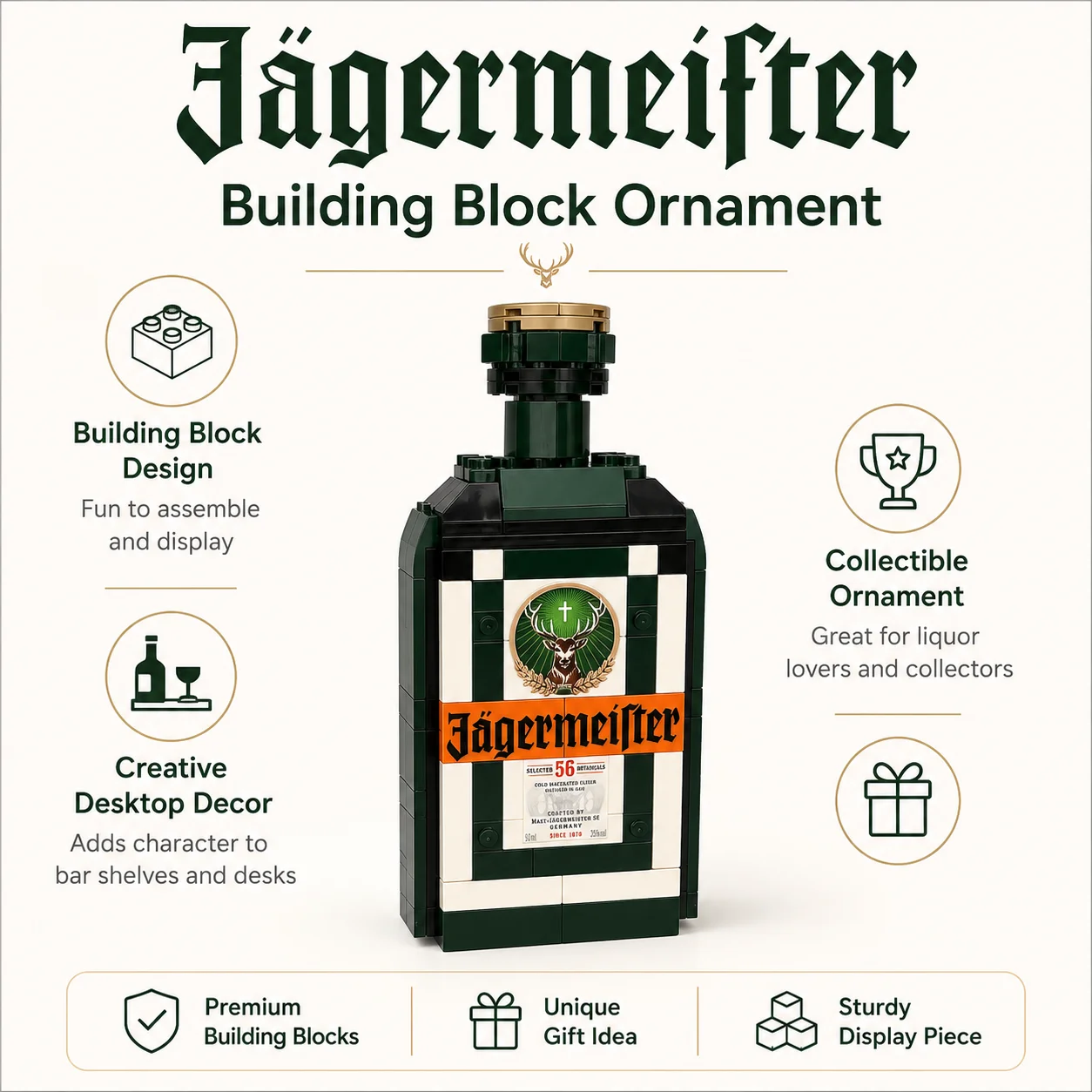 Фото Модель-конструктор бутылки ликера Jagermeister, декор для домашнего бара, коллекционные кирпичики №2