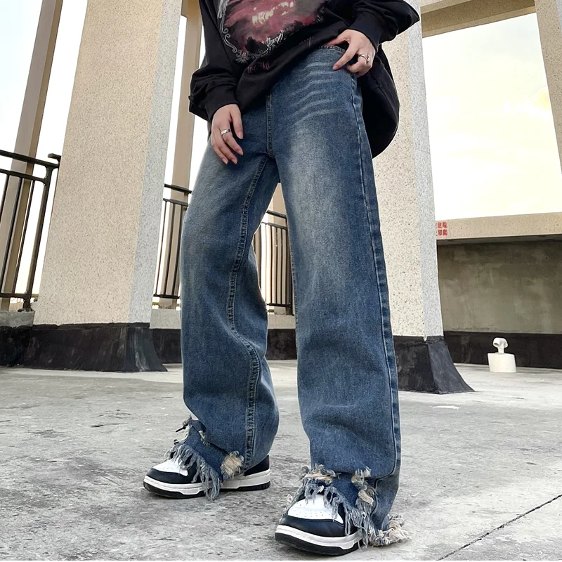 Streetwear Men American Vintage Loose Blue Jeans 2022 Autumn and Winter New Style Pattern BurrStraight Cylinder Trousers Female