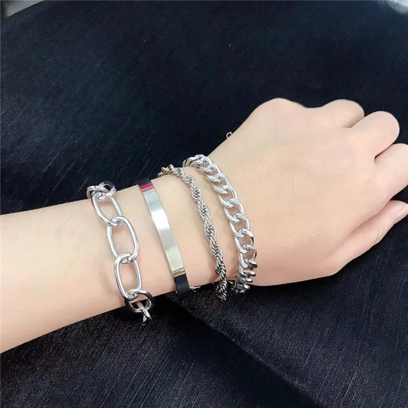 

Simple 4pcs Punk Curb Cuban Chain Bracelets Set for Women Miami Boho Thick Gold Color Charm Bracelets Bangles Fashion Jewelry