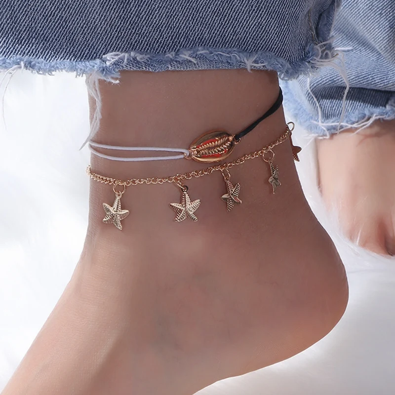 

2pcs Bohemian Alloy Fishstar Shell Anklets for Women Handmade Leather Woven Shell Foot Jewelry Summer Beach Bracelet Anklets