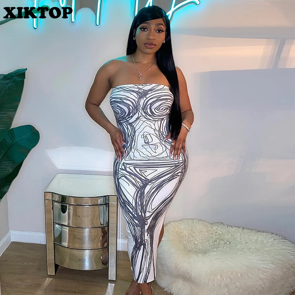 

XIKTOP Printed Summer Dress Women Off Shoulder Sexy Robe Ribbed Casual Streetwear Side Slit Slim Maxi Dress 2022 Female Clothing