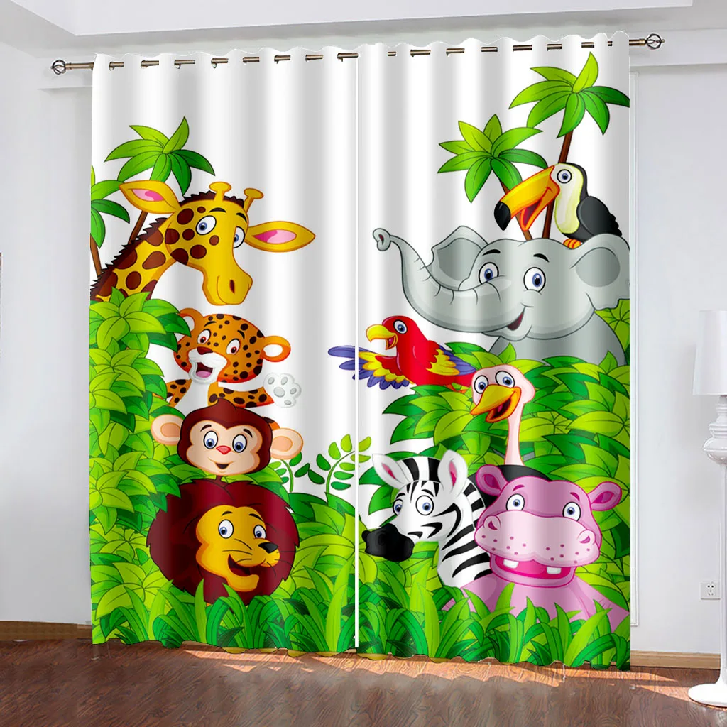 

Girl Cartoon Cute Zoo Party Kids Funny Children Free Shipping 2 Pieces Thin Window Drape Curtain for Living Room Bedroom Decor