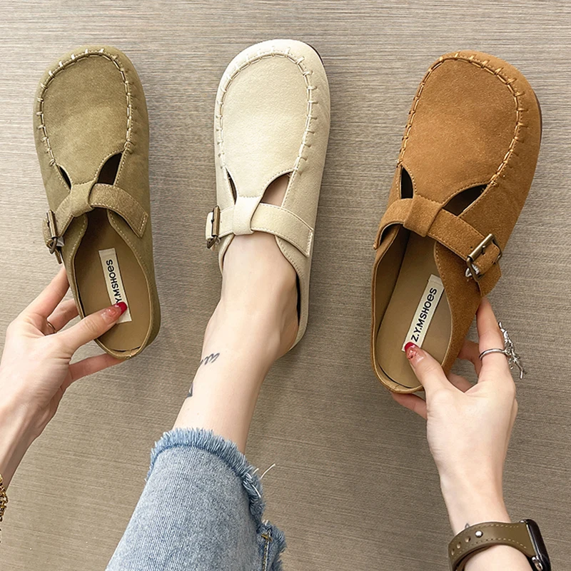 

Female Shoes Loafers Ladies' Slippers Cover Toe Low 2022 Rubber Flat PU Basic Retro Slides Cover Toe Flat Shoes Female Woman's
