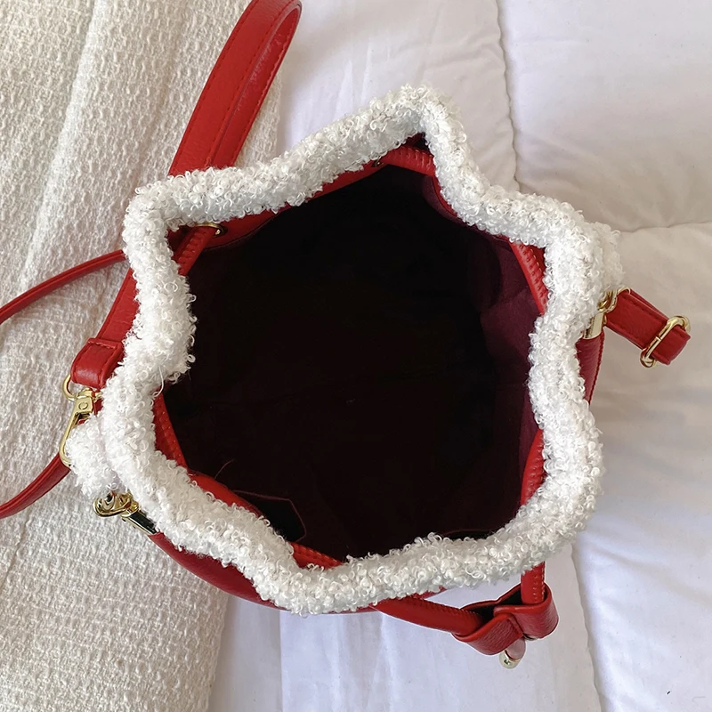 2023 Female Red Shoulder Bag Letter Print Chic Women's Furry Drawstring Handbags Small Pu Leather Lovers' Bucket Crossbody Bags
