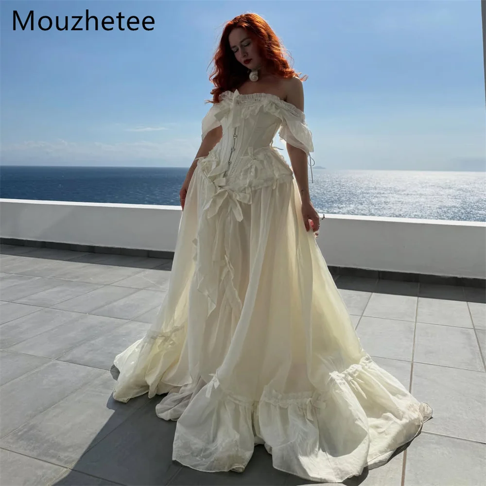 Фото Элегантное свадебное платье Mouzhetee А-силуэта с открытыми плечами, кружевными вставками и плиссировкой, простое длинное платье для невесты, на заказ, 2026 №1