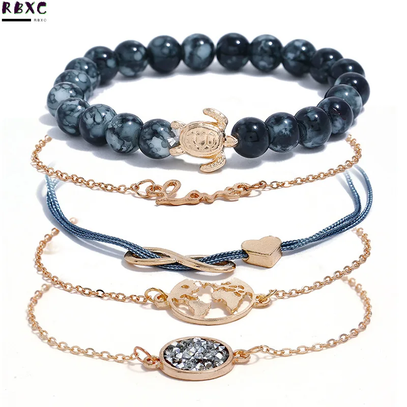 

RBXC 5pcs Love Letter Infinity Bracelets Set Hollow Map Turtle Crystal Charm Bohemia Wrist Chain Jewelry Bangles Gift Pulsera