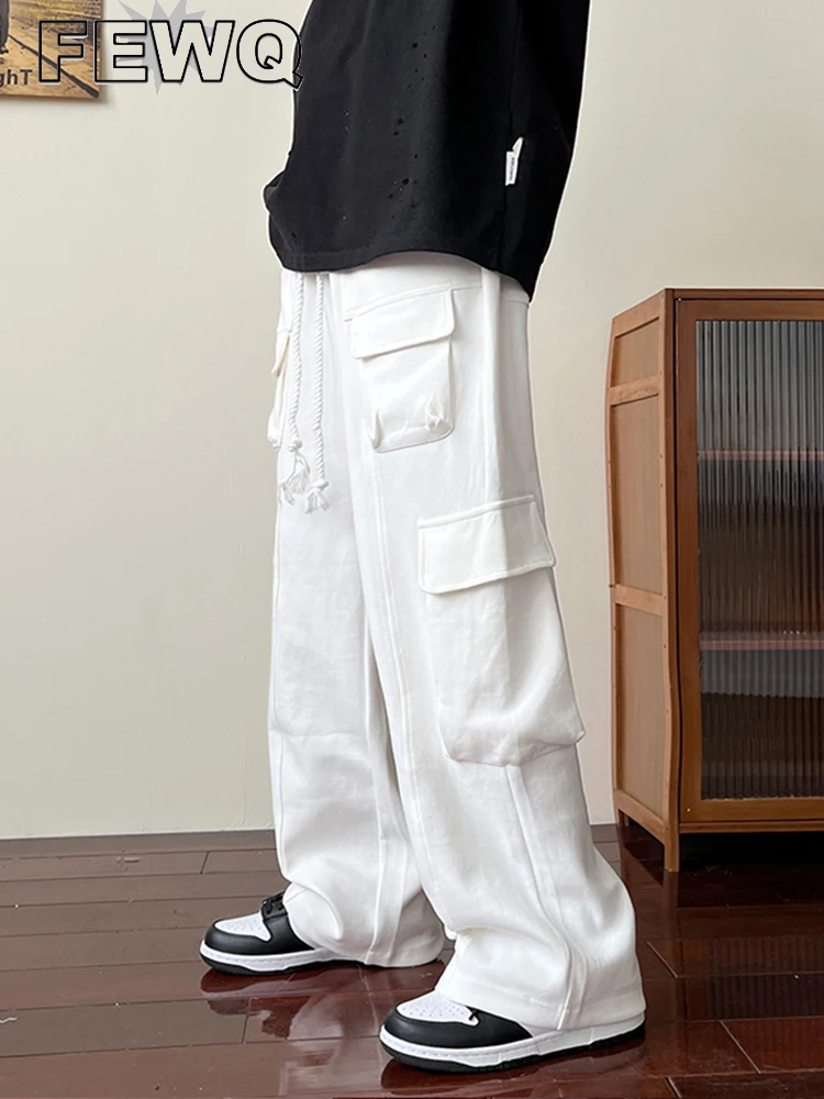

FEWQ Cargo Pants For Men 2023 Autumn Multi Pockets Solid Color Overalls Hip Hop High Street Men's Casual Lace-up Trousers 24A664