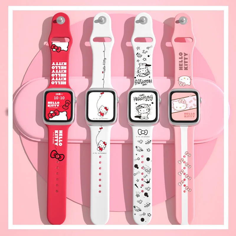 Cute Hello kitty Suitable Silicone Strap for Apple Watch Band 44 45 42 40 38 41 Bracelet IWatch Color Apple Watch 7 6 5 3