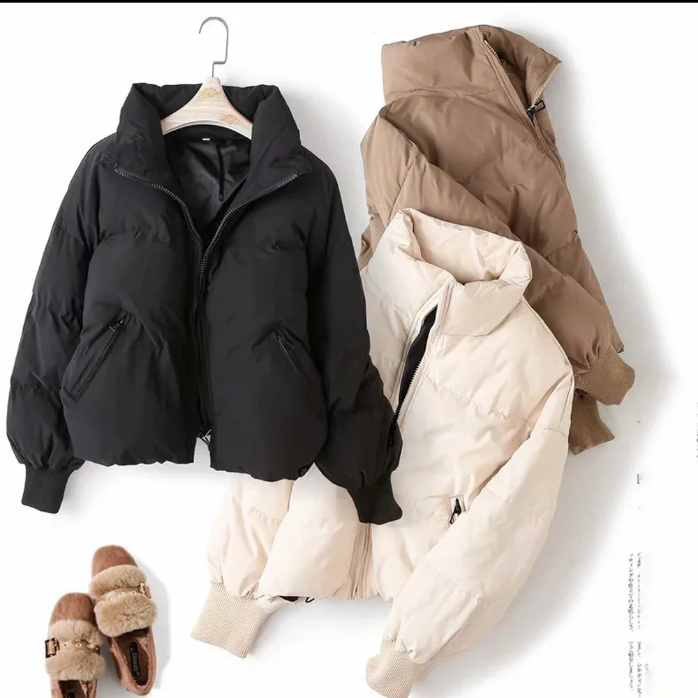 

Women Cold Winter Thicken Short Parka Coats 2021New Solid Color Long Lantern Sleeve Padded Jackets WDC6145